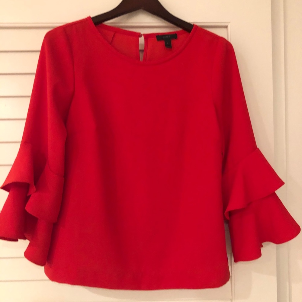 J.Crew Red Crepe Blouse Shirt Ruffle Sleeves 6 M